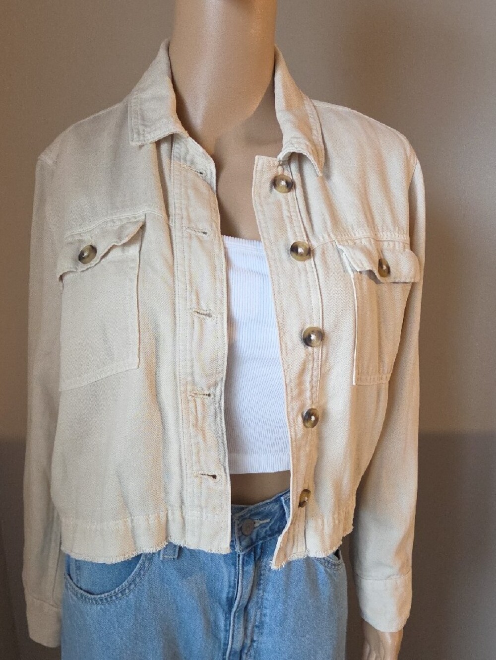 aerie Cream Cropped Button-Front Jacket